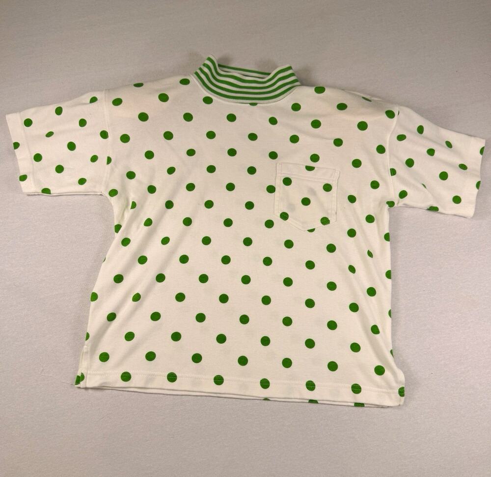 Vintage Petite Projections Polka Dot Polo Shirt Small Green Stripe Collar 80s 90